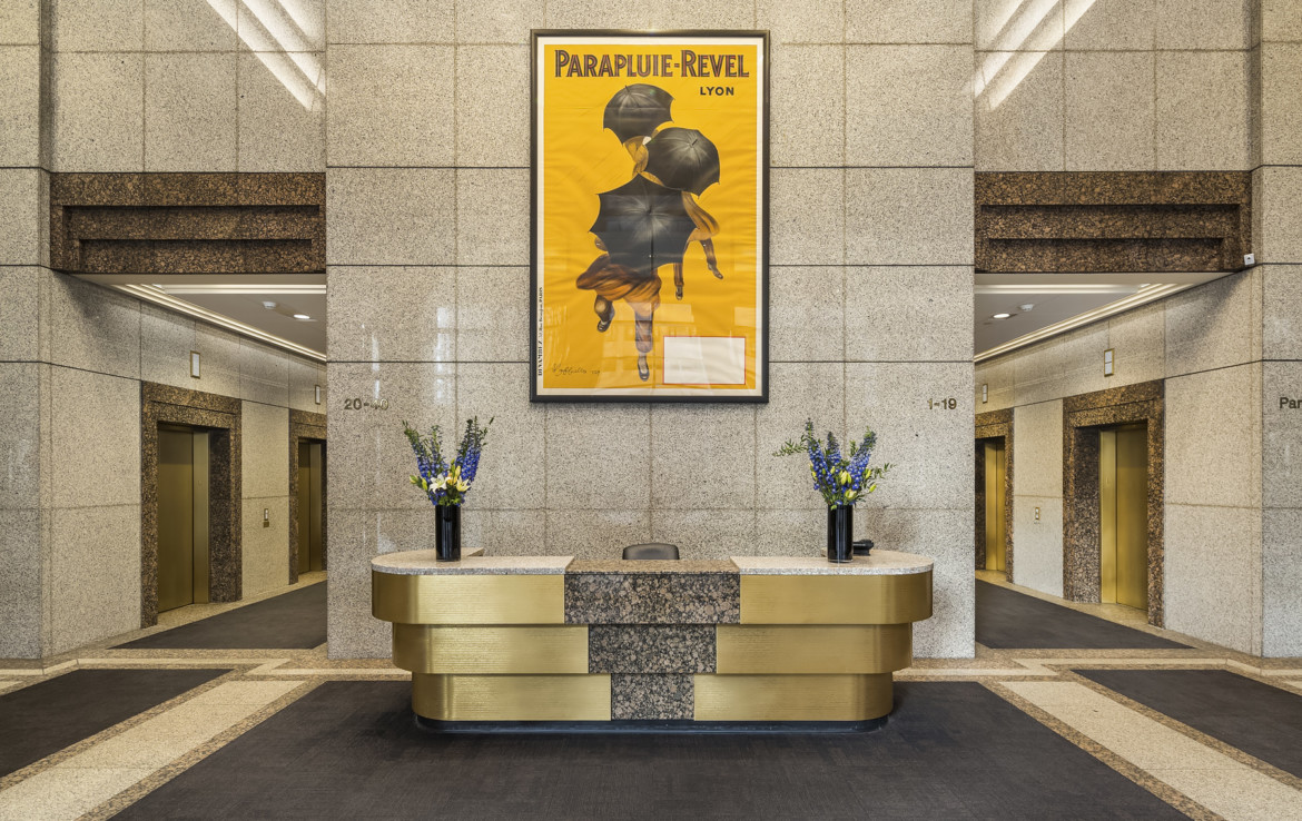 Marble lobby with framed art